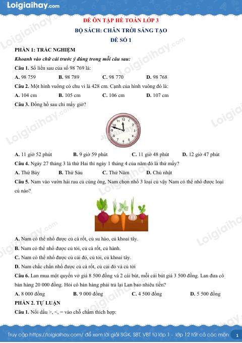 Đề ôn tập hè lớp 3 lên lớp 4 môn Toán Chân trời sáng tạo - Đề số 1 có lời giải chi tiết